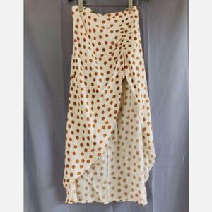 Zara Polka Dot Ruched Midi Skirt Womens XS White Brown Linen Cotton